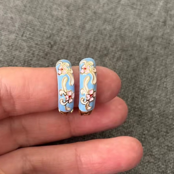 Positano Blue Floral Gold Hoop Earrings - Picture 4 of 8